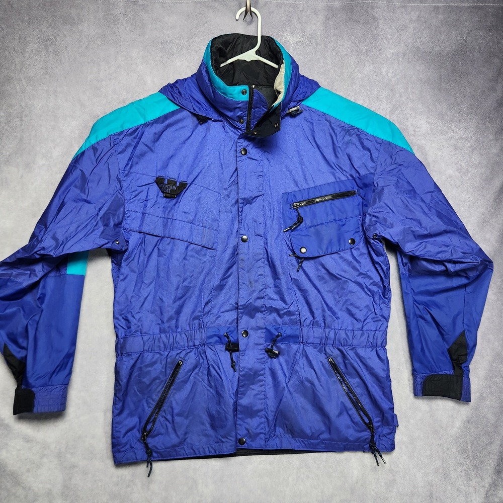 Mountain Goat Vintage Mens L‎ Jacket Blue Teal Color Block Hooded Windbreaker